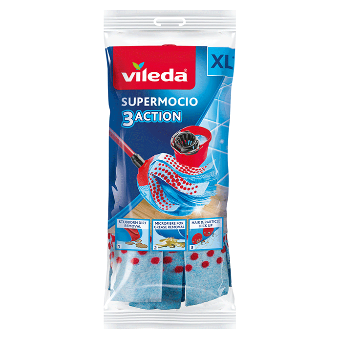 Supermocio Vileda Mop XL 2 Refill 3 Action Red Blue Bucket Head Set Replacement 